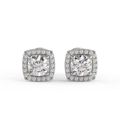 Round Brilliant Halo Diamond Stud Earrings Crafted in 18K White Gold