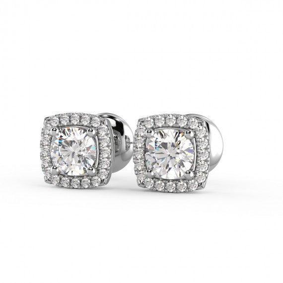 Round Brilliant Halo Diamond Stud Earrings Crafted in 18K White Gold