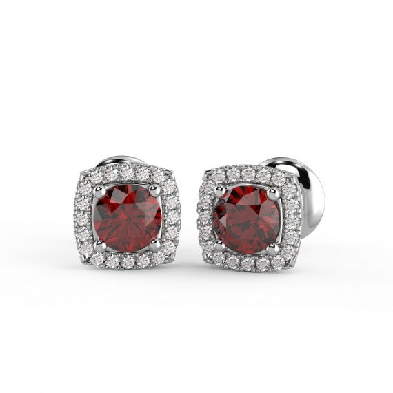 Ruby & Diamond Halo Earring Crafted in 18k White Gold