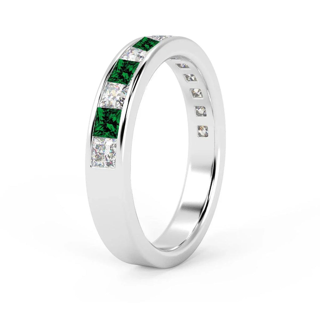 3mm 0.75Ct Emerald And Princess Diamond Half Eternity Ring