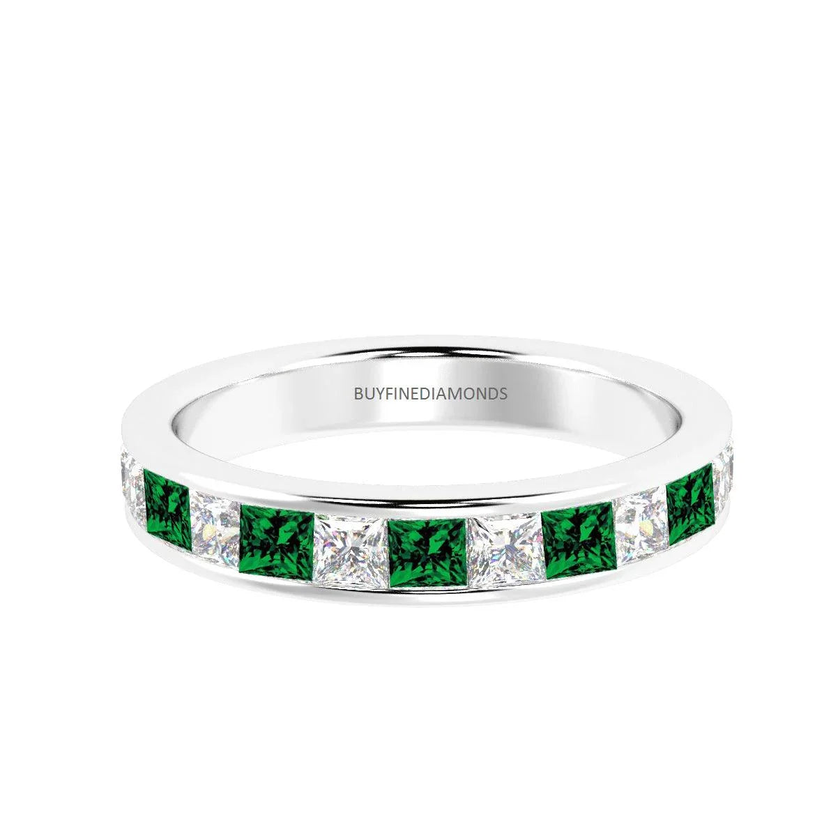 3mm 0.75Ct Emerald And Princess Diamond Half Eternity Ring