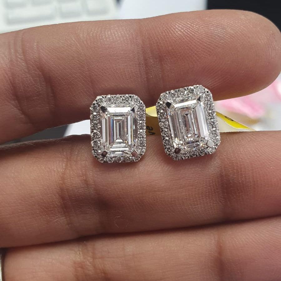 IGI Certified 4.70 Ct Emerald Cut Lab Diamond Halo Stud Earrings In 18k White Gold