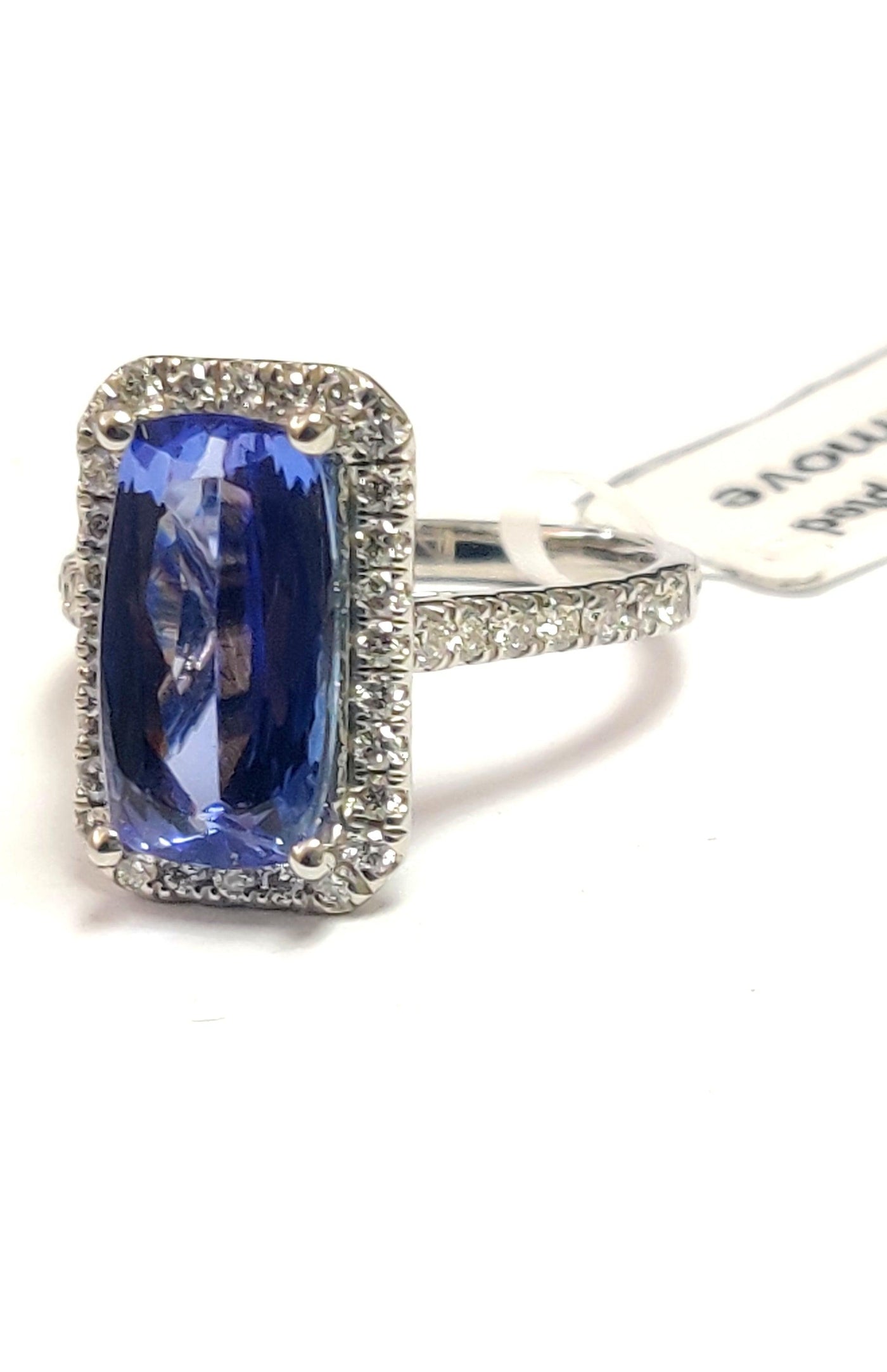 AAA 3.30 Ct Tanzanite Long Cushion & D/VS 0.52 Ct Diamond Halo Ring In Platinum