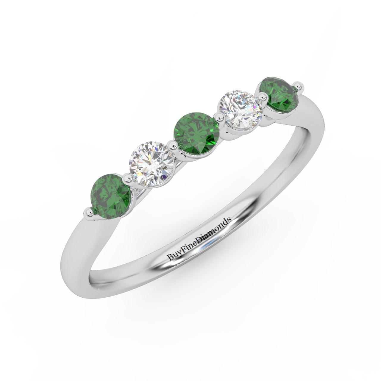 Natural Green Emerald Round & Diamond Women's Wedding Band - 0.40 Carat