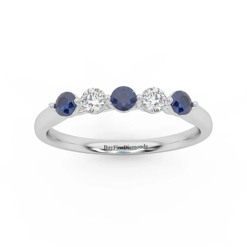 Natural Blue Sapphire Round & Diamond Women's Wedding Band - 0.40 Carat