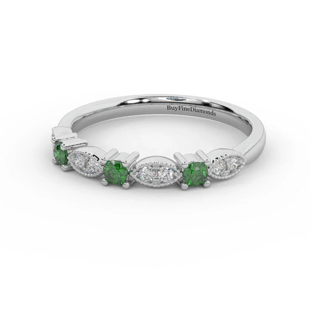 Natural Emerald Round & Diamond Women's Wedding Band - 0.33 Carat