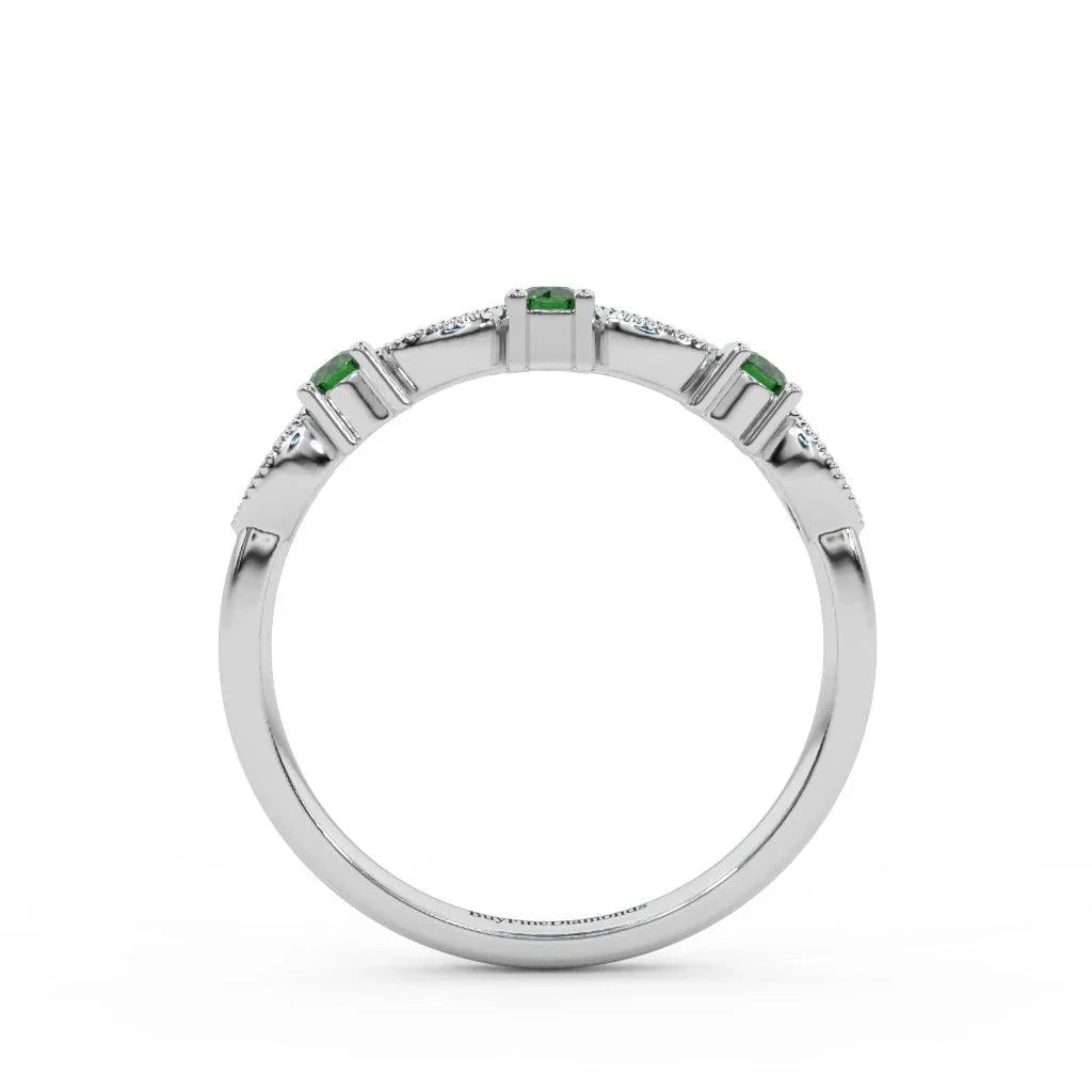 Natural Emerald Round & Diamond Women's Wedding Band - 0.33 Carat