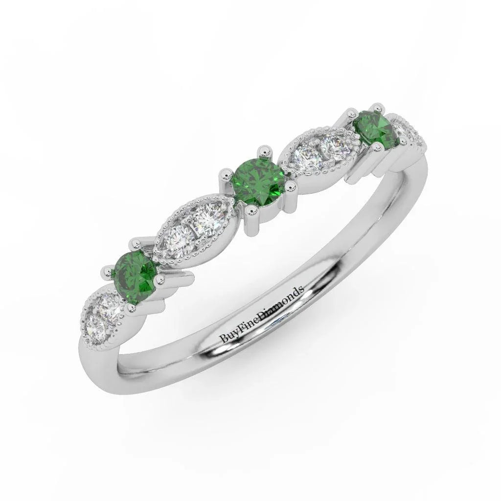 Natural Emerald Round & Diamond Women's Wedding Band - 0.33 Carat