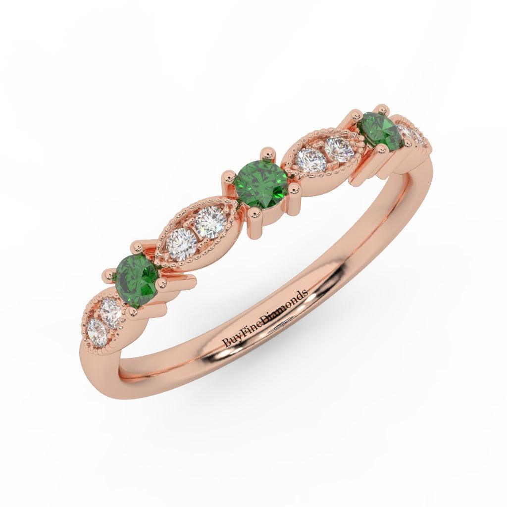 Natural Emerald Round & Diamond Women's Wedding Band - 0.33 Carat