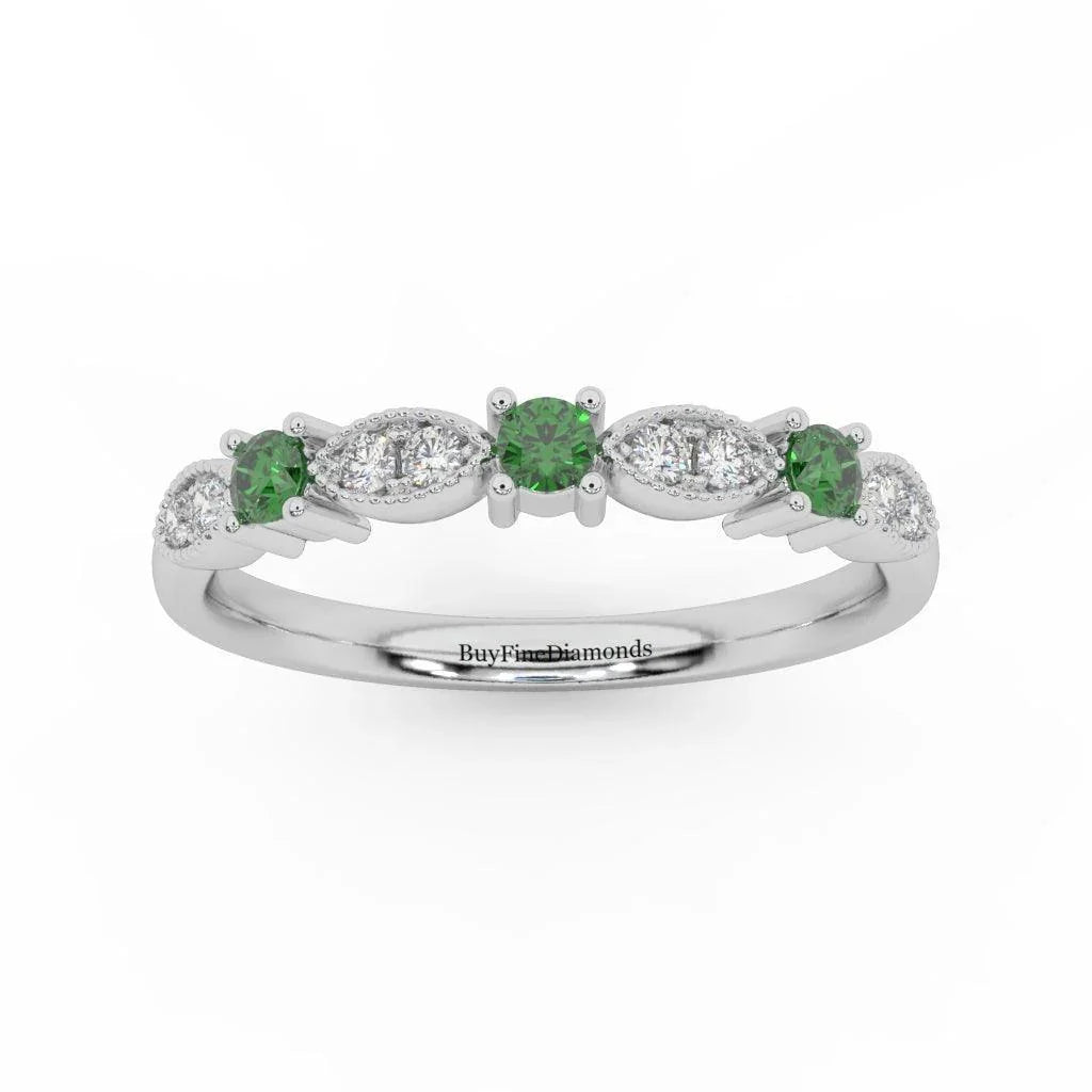 Natural Emerald Round & Diamond Women's Wedding Band - 0.33 Carat