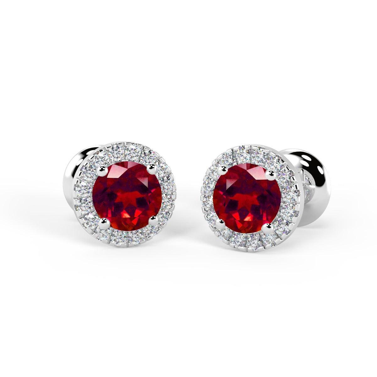 0.50 Ct Natural Ruby & Diamond Halo Set Earrings In White Gold