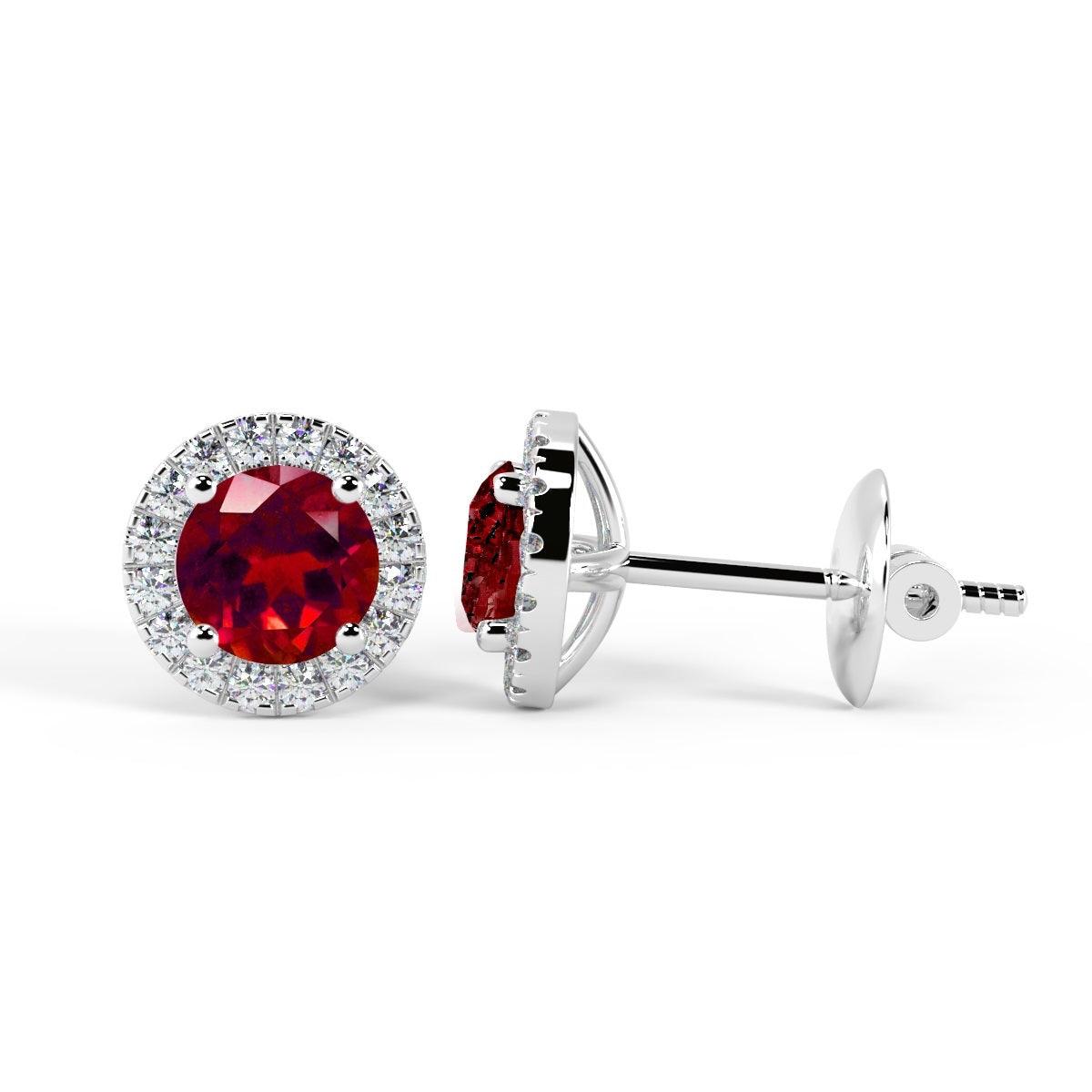 0.50 Ct Natural Ruby & Diamond Halo Set Earrings In White Gold