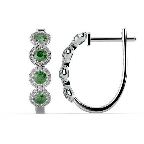 100% Natural Emerald & Diamond Halo Hoop Earrings in White Gold