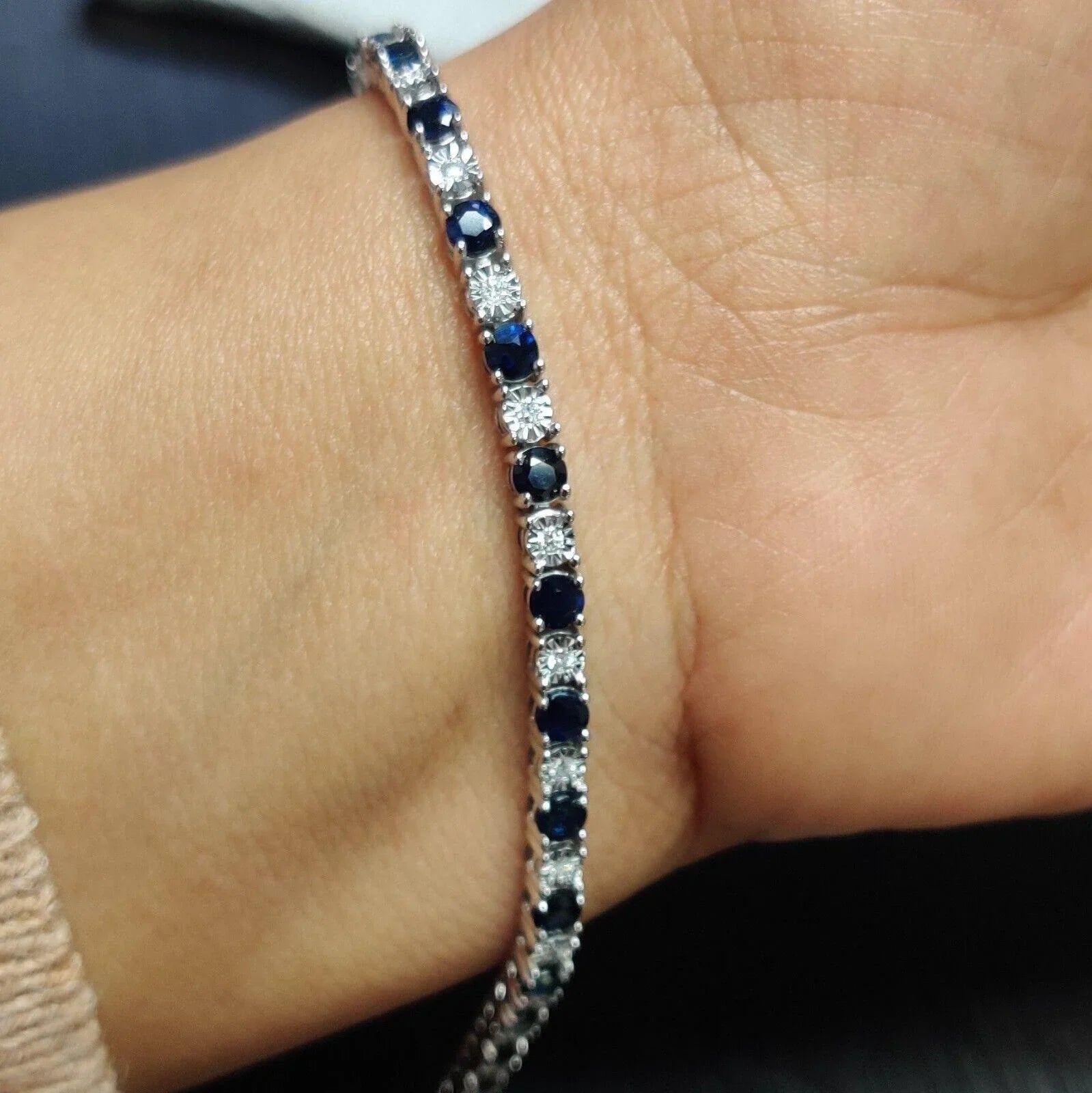 100% Natural Sapphire & Diamond Tennis Bracelet in White Gold 6.00 Ct 10.50 Grams - Amada Diamonds