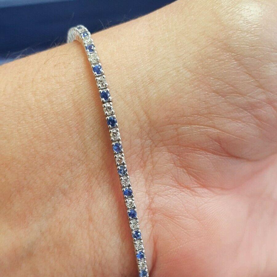 4.50 Ct Round Blue Sapphire & Diamond Tennis Bracelet In White Gold - Amada Diamonds