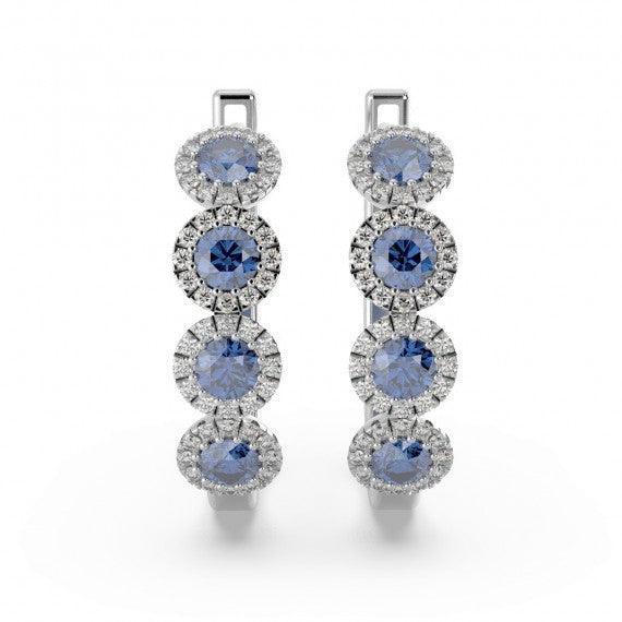 100% Natural Sapphire & Diamond Halo Hoop Earrings in White Gold