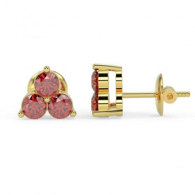 100% Natural 0.40 Ct 3 Ruby Stud Earring , Yellow Gold