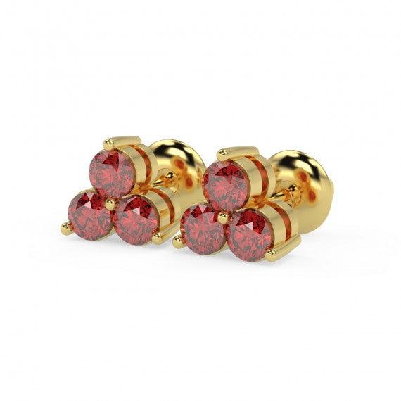 100% Natural 0.40 Ct 3 Ruby Stud Earring , Yellow Gold