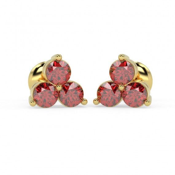 100% Natural 0.40 Ct 3 Ruby Stud Earring , Yellow Gold