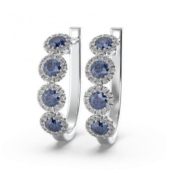 100% Natural Sapphire & Diamond Halo Hoop Earrings in White Gold