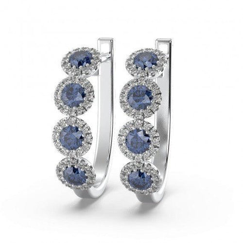 100% Natural Sapphire & Diamond Halo Hoop Earrings in White Gold