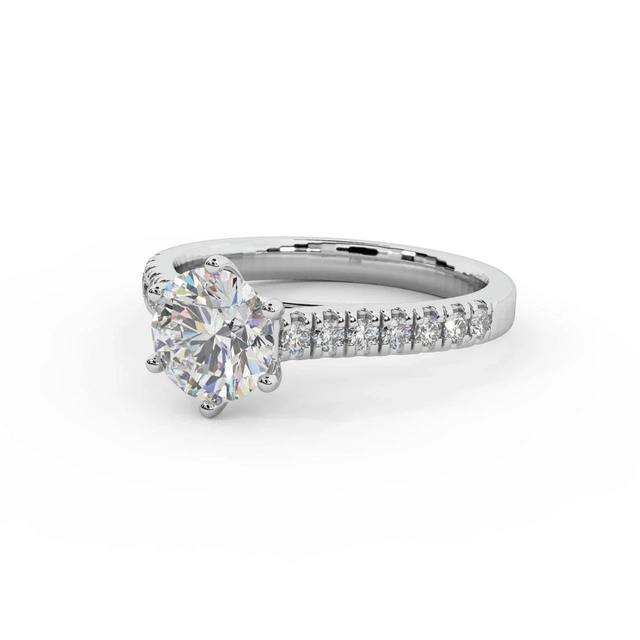 6 Claw Round Diamond Engagement Ring - Micro Pave Set