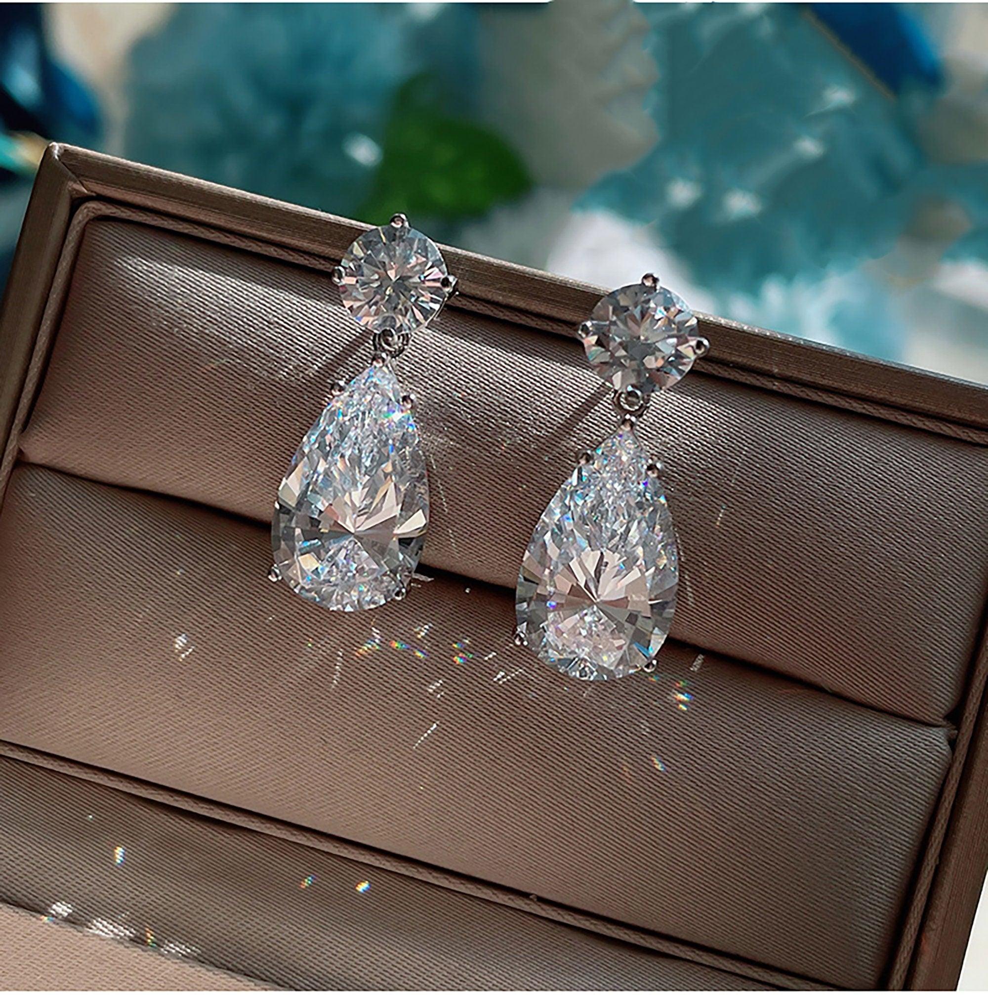 16.00CT IGI Certified Lab Pear & Round Diamond Drop and Dangle Earrings in Platinum