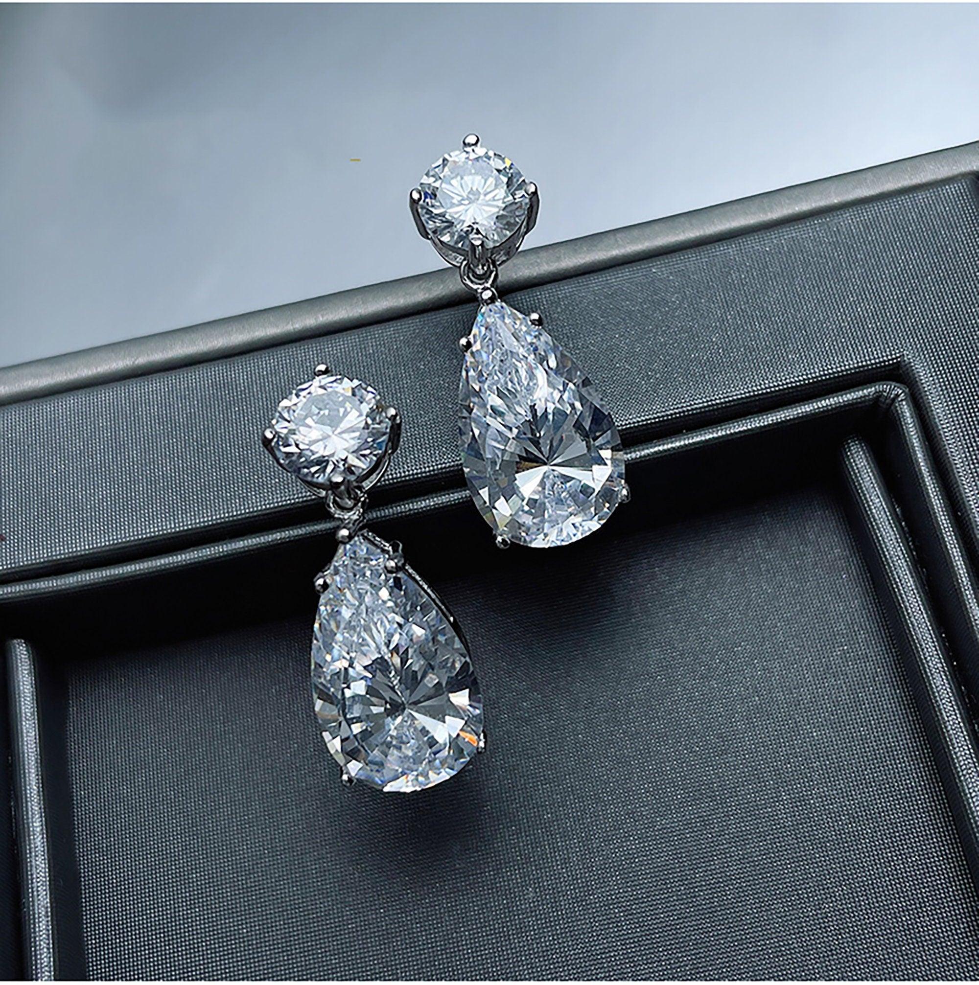 16.00CT IGI Certified Lab Pear & Round Diamond Drop and Dangle Earrings in Platinum