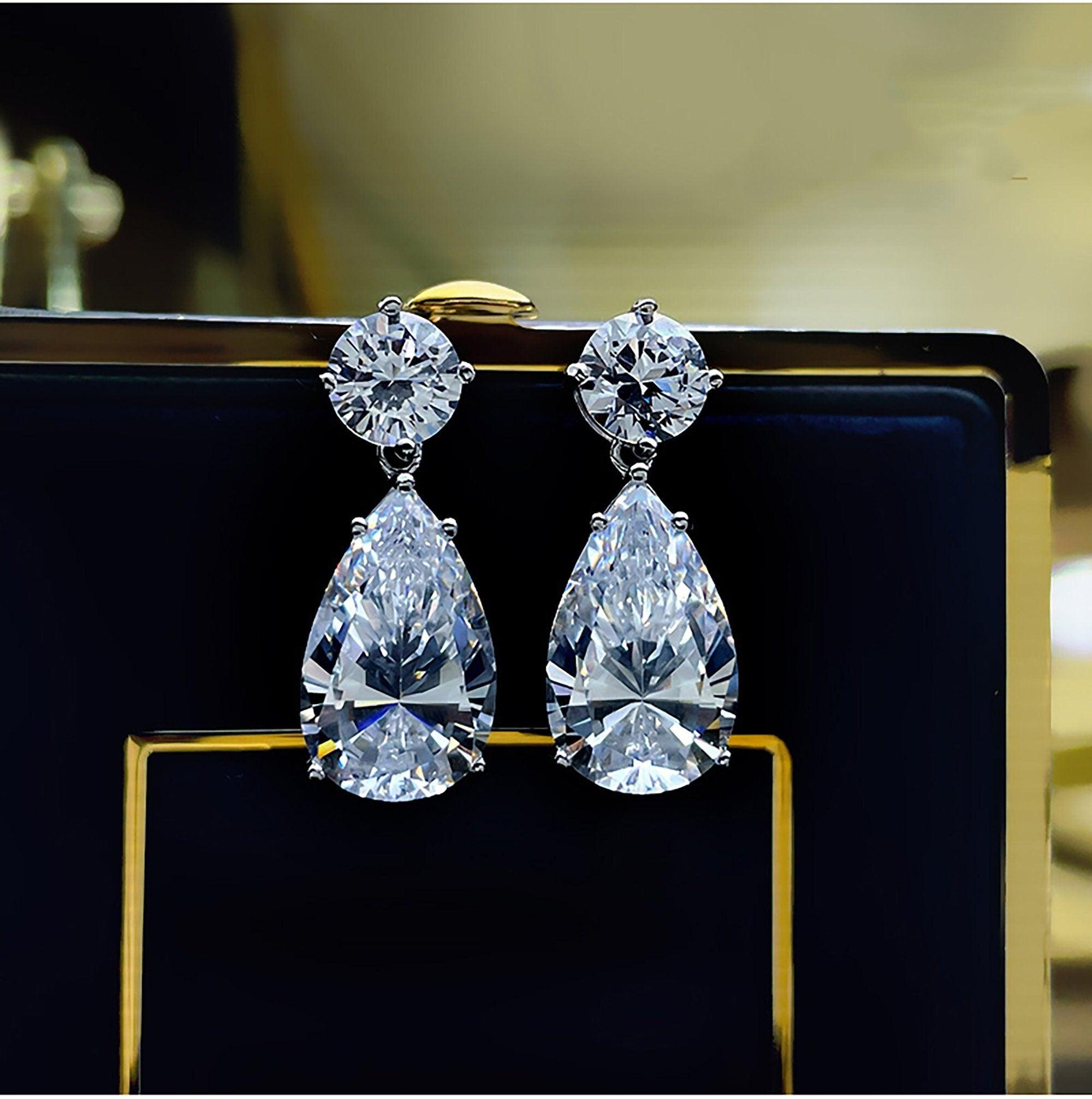 16.00CT IGI Certified Lab Pear & Round Diamond Drop and Dangle Earrings in Platinum