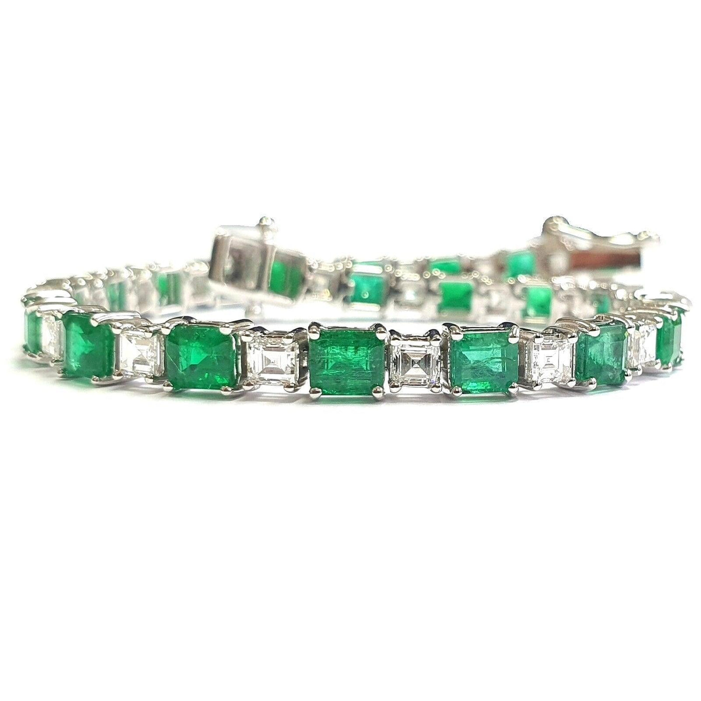 Natural Colombian Emerald and Diamond Designer Bracelet Crafted in 18k White Gold 12.00Ct-20.00Ct - Amada Diamonds