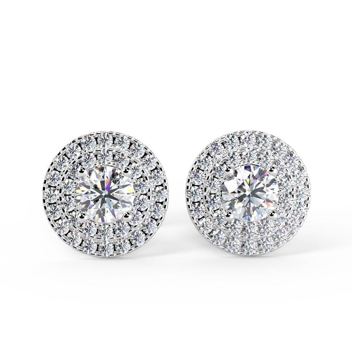 Exceptional White 0.60 Ct Round Diamond Double Halo Set Earrings,18k White Gold
