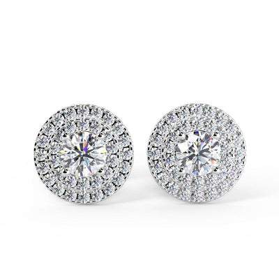 Exceptional White 0.60 Ct Round Diamond Double Halo Set Earrings,18k White Gold - Amada Diamonds