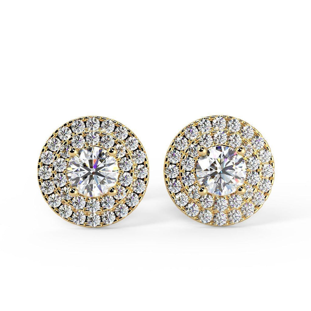 0.60Ct Round Diamond Double Halo Set Earrings,18k Yellow Gold - Amada Diamonds