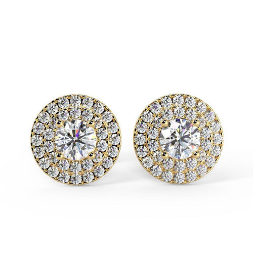 0.60Ct Round Diamond Double Halo Set Earrings,18k Yellow Gold - Amada Diamonds