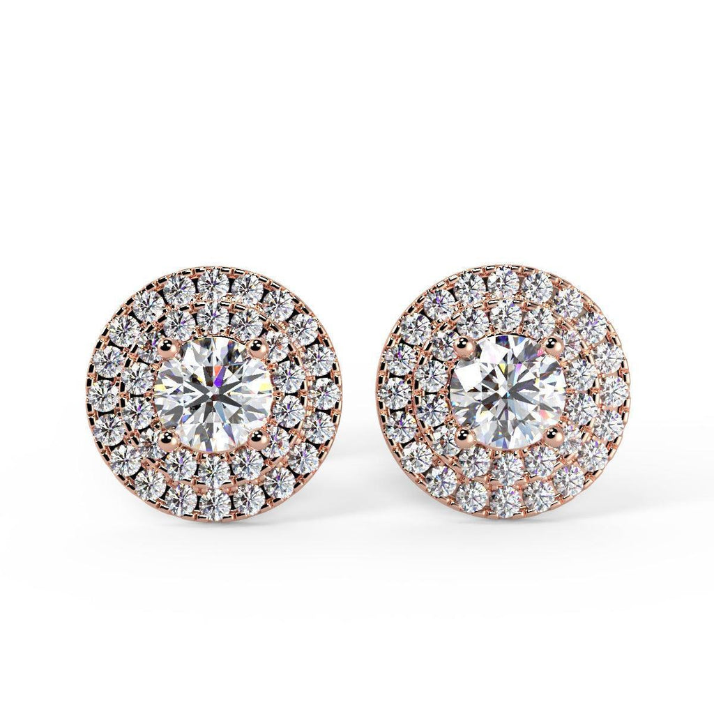0.60Ct Round Diamond Double Halo Set Earrings,18k Rose Gold - Amada Diamonds