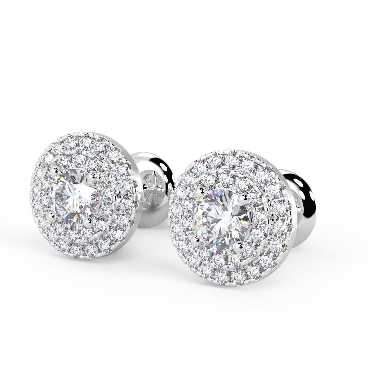 Exceptional White 0.60 Ct Round Diamond Double Halo Set Earrings,18k White Gold - Amada Diamonds