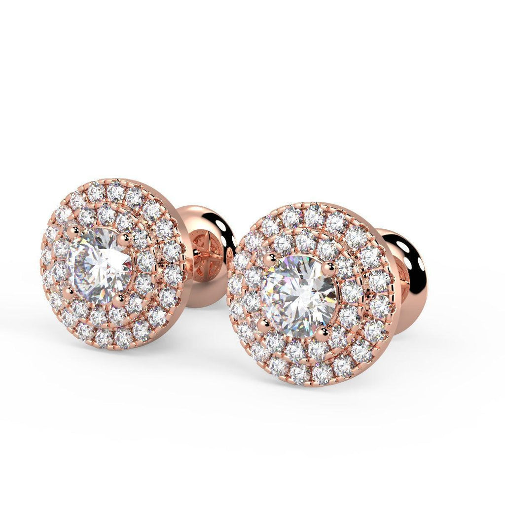 0.60Ct Round Diamond Double Halo Set Earrings,18k Rose Gold - Amada Diamonds