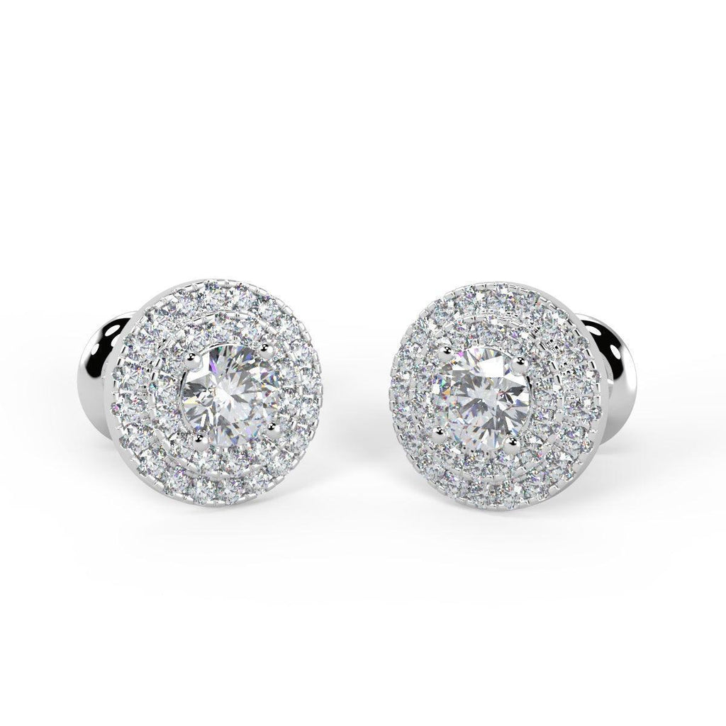 Exceptional White 0.60 Ct Round Diamond Double Halo Set Earrings,18k White Gold - Amada Diamonds
