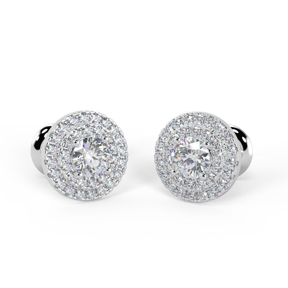 Exceptional White 0.60 Ct Round Diamond Double Halo Set Earrings,18k White Gold - Amada Diamonds