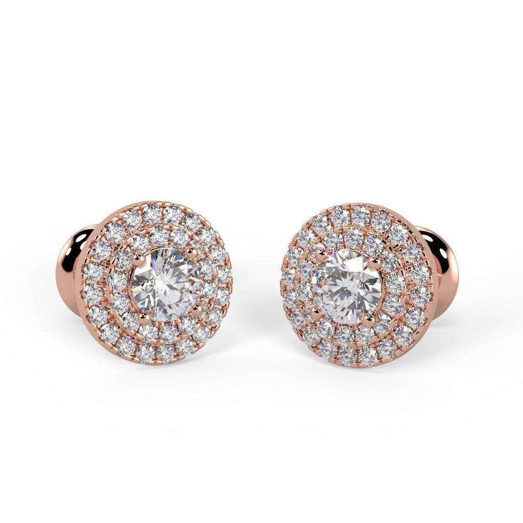 0.60Ct Round Diamond Double Halo Set Earrings,18k Rose Gold - Amada Diamonds