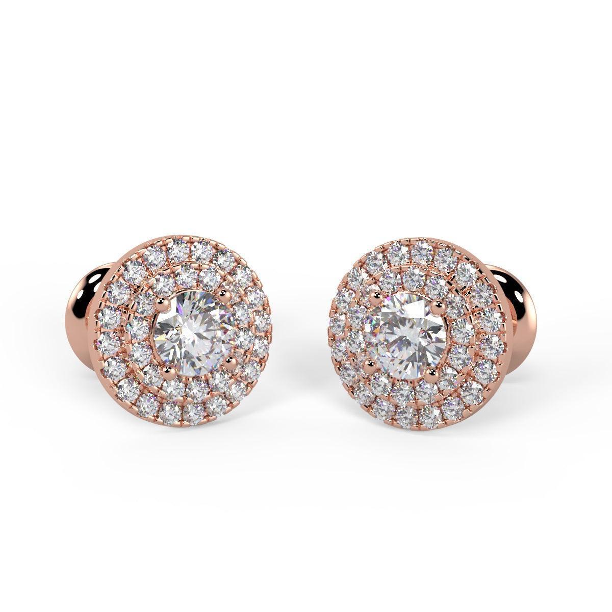 0.60Ct Round Diamond Double Halo Set Earrings,18k Rose Gold - Amada Diamonds