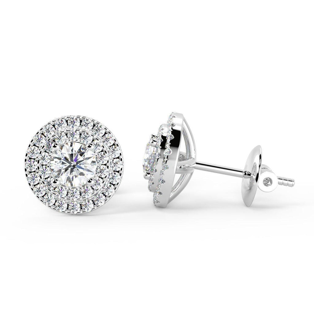Exceptional White 0.60 Ct Round Diamond Double Halo Set Earrings,18k White Gold - Amada Diamonds