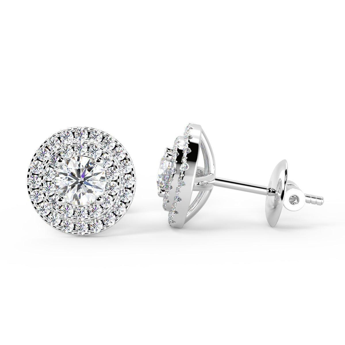 Exceptional White 0.60 Ct Round Diamond Double Halo Set Earrings,18k White Gold - Amada Diamonds