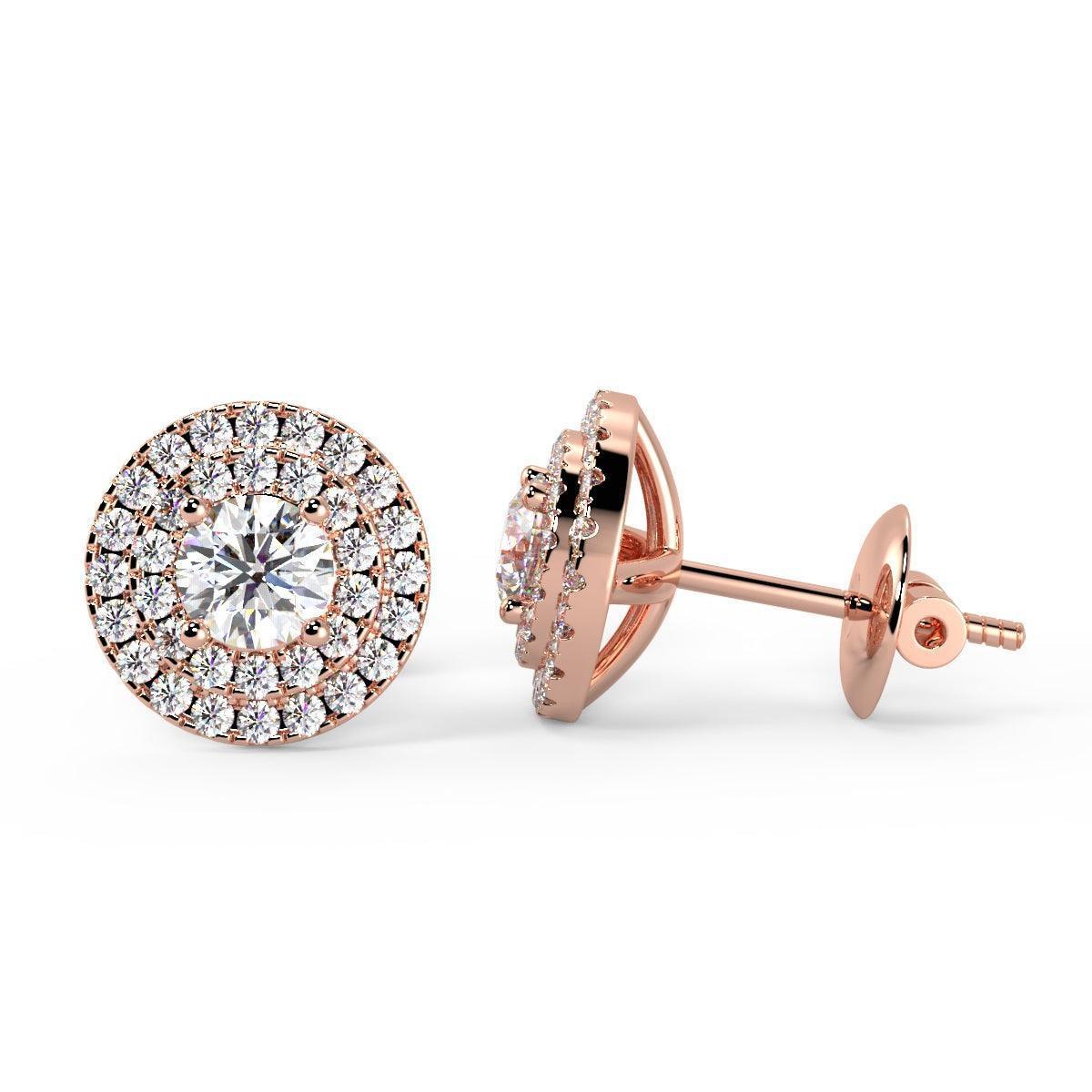 0.60Ct Round Diamond Double Halo Set Earrings,18k Rose Gold - Amada Diamonds
