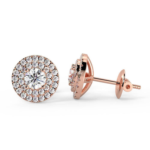 0.60Ct Round Diamond Double Halo Set Earrings,18k Rose Gold - Amada Diamonds