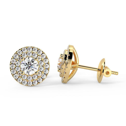 0.60Ct Round Diamond Double Halo Set Earrings,18k Yellow Gold - Amada Diamonds